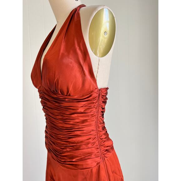 Vintage Y2K Cache Silk Ruched Dress 4 Burnt Orange Rust Asymmetric Fairy Halter - Picture 8 of 16